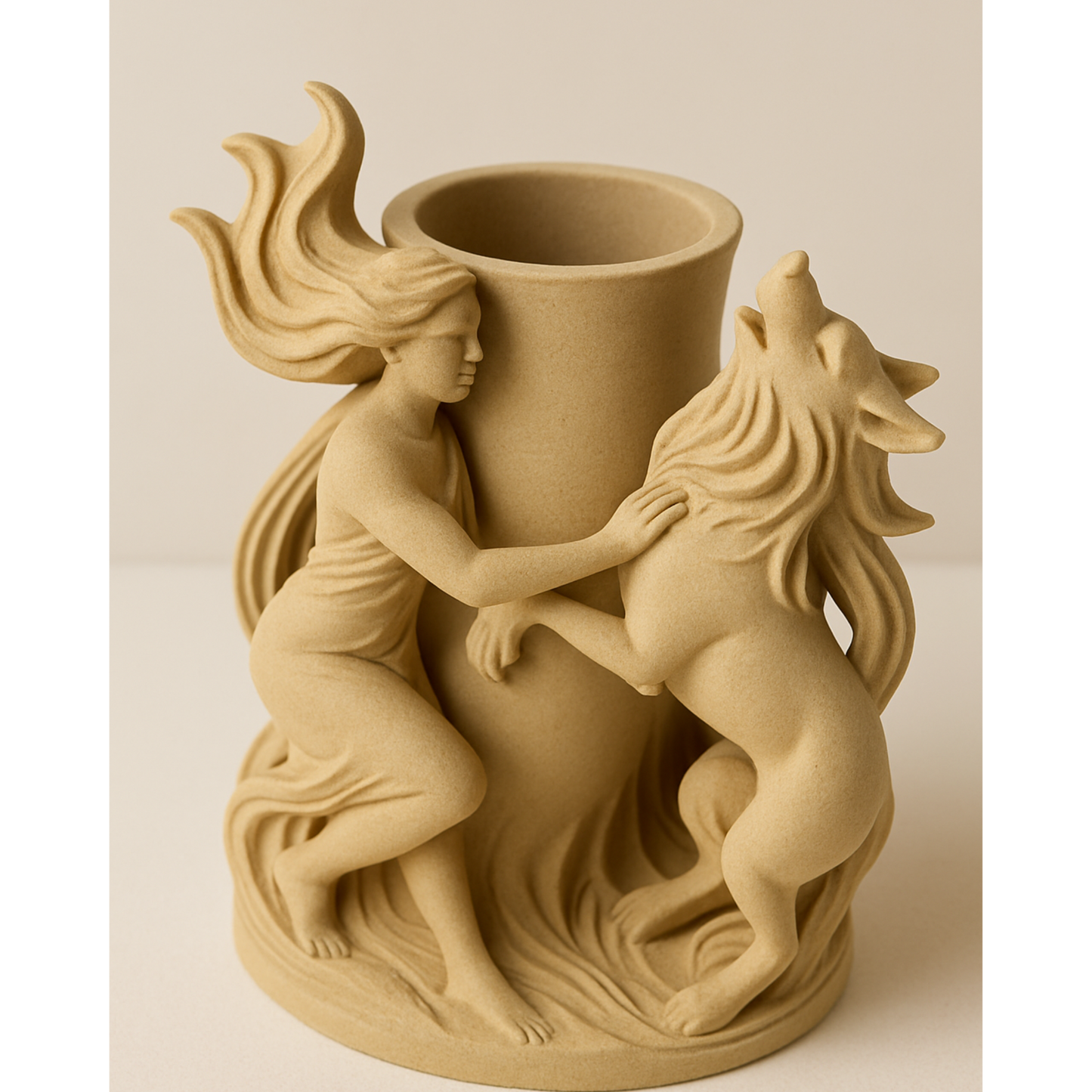 Mystical Wolf & Woman Vase ā 3D Printed PLA-Wood Sculptural šø Flower Holder