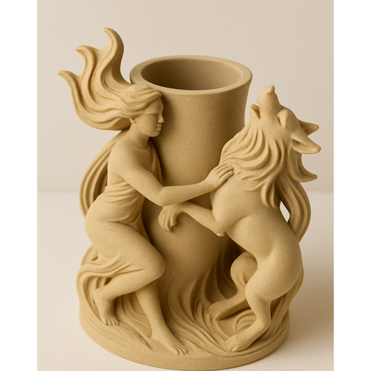 Mystical Wolf & Woman Vase – 3D Printed PLA-Wood Sculptural 🌸 Flower Holder