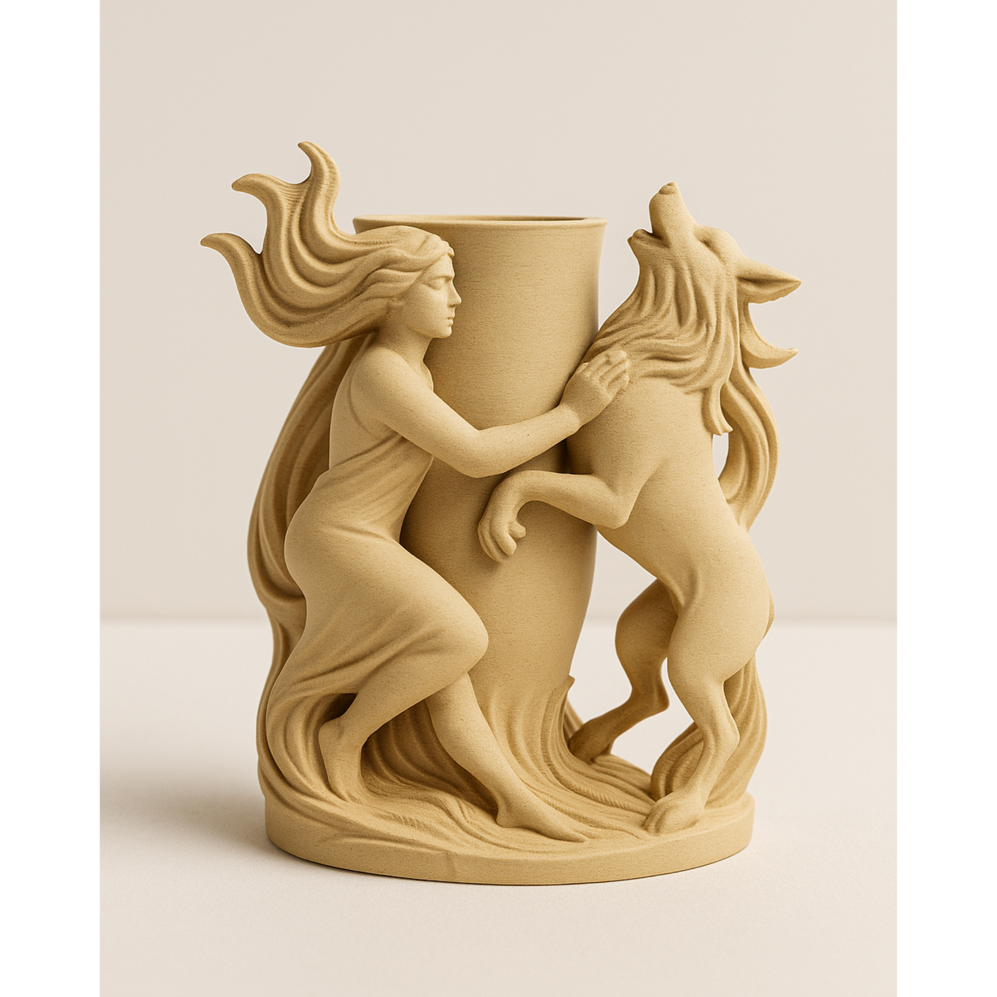 Mystical Wolf & Woman Vase ā 3D Printed PLA-Wood Sculptural šø Flower Holder