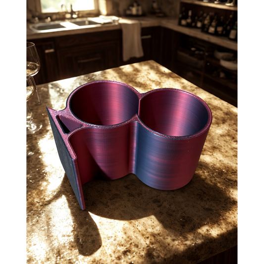 Sculptural Dual Wine Bottle Holder – Kinetic Balance in Silk Red & Black PLA | 3D Printed Modern Home Bar Accessory