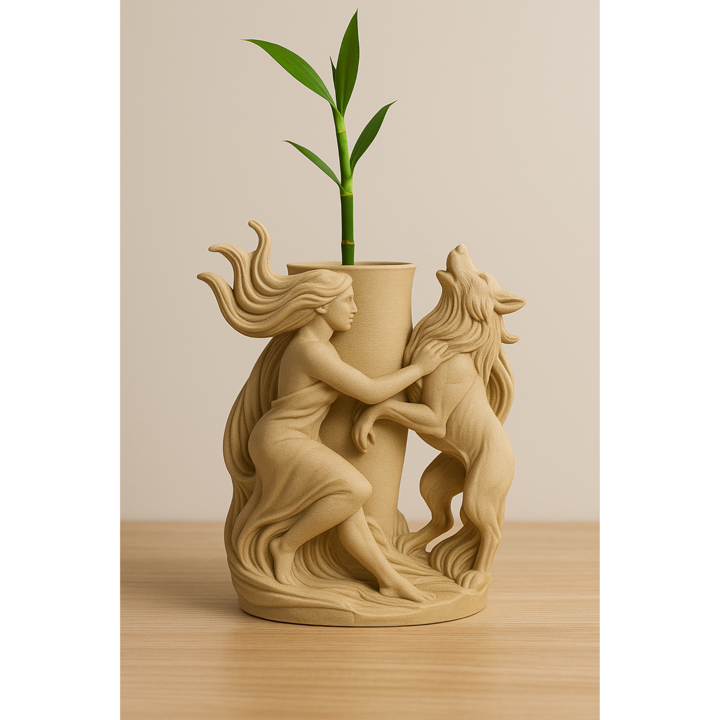 Mystical Wolf & Woman Vase – 3D Printed PLA-Wood Sculptural 🌸 Flower Holder