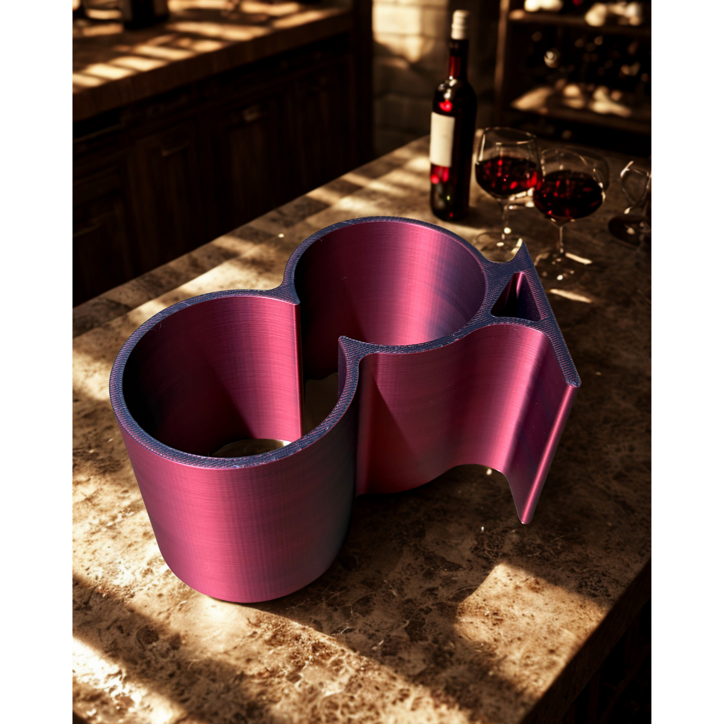 Sculptural Dual Wine Bottle Holder – Kinetic Balance in Silk Red & Black PLA | 3D Printed Modern Home Bar Accessory