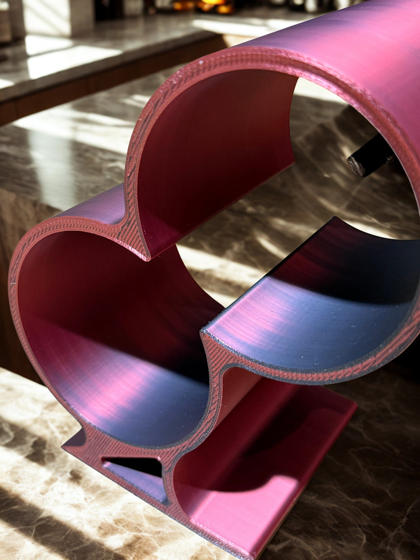 Sculptural Dual Wine Bottle Holder – Kinetic Balance in Silk Red & Black PLA | 3D Printed Modern Home Bar Accessory